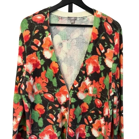 J. Jill Cotton Waffle Knit Floral Longline Cardigan Brown Multi Watercolor Large - Picture 2 of 6